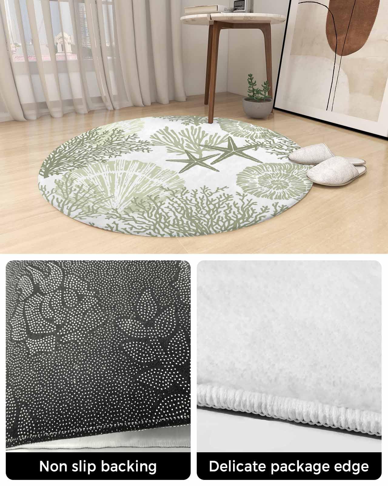 Sage Green Shell Fluffy Round Area Rug Carpets 3.3ft, Plush Shaggy Carpet Soft Circular Rugs, Non-Slip Fuzzy Accent Floor Mat for Living Room Bedroom Nursery Ocean Nautical Starfish Abstract Geometric