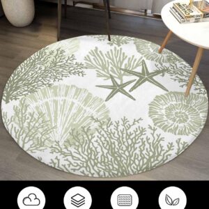 Sage Green Shell Fluffy Round Area Rug Carpets 3.3ft, Plush Shaggy Carpet Soft Circular Rugs, Non-Slip Fuzzy Accent Floor Mat for Living Room Bedroom Nursery Ocean Nautical Starfish Abstract Geometric