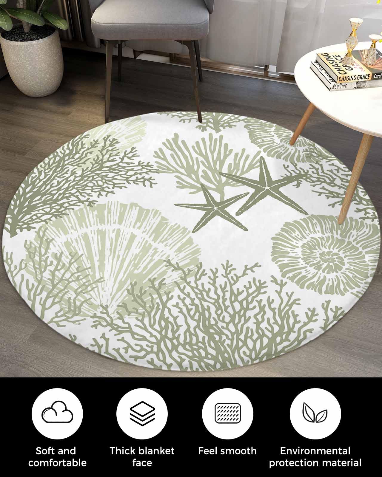 Sage Green Shell Fluffy Round Area Rug Carpets 3.3ft, Plush Shaggy Carpet Soft Circular Rugs, Non-Slip Fuzzy Accent Floor Mat for Living Room Bedroom Nursery Ocean Nautical Starfish Abstract Geometric