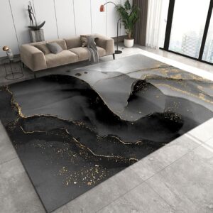 modern black gold marble texture living room decor carpet, area rugs 8x10ft, luxury geometric gold ink art company office rug, fluffy soft breathable durable for hotel home yoga room patio
