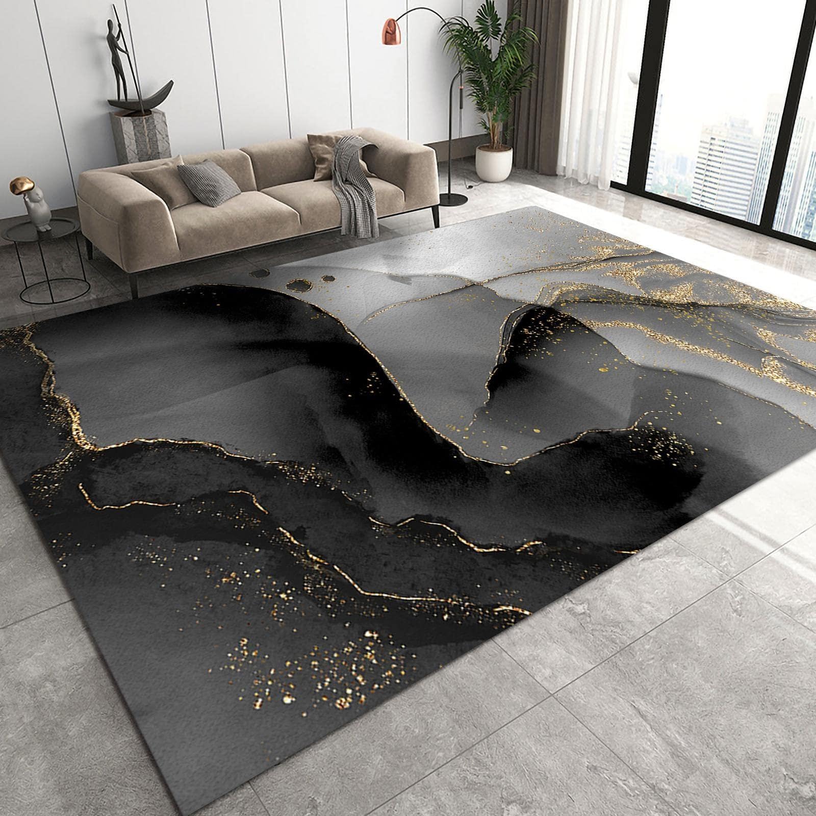 Modern Black Gold Marble Texture Living Room Decor Carpet, Area Rugs 8x10ft, Luxury Geometric Gold Ink Art Company Office Rug, Fluffy Soft Breathable Durable for Hotel Home Yoga Room Patio