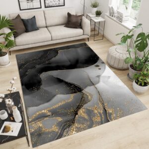 Modern Black Gold Marble Texture Living Room Decor Carpet, Area Rugs 8x10ft, Luxury Geometric Gold Ink Art Company Office Rug, Fluffy Soft Breathable Durable for Hotel Home Yoga Room Patio