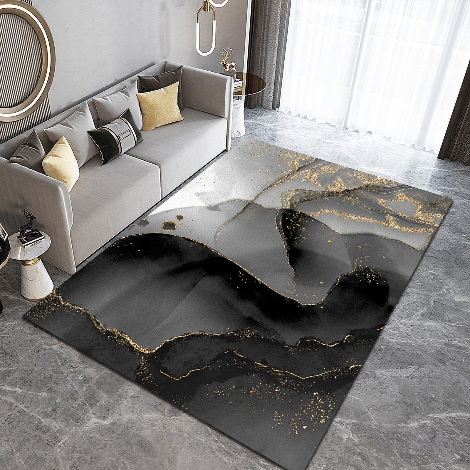 Modern Black Gold Marble Texture Living Room Decor Carpet, Area Rugs 8x10ft, Luxury Geometric Gold Ink Art Company Office Rug, Fluffy Soft Breathable Durable for Hotel Home Yoga Room Patio