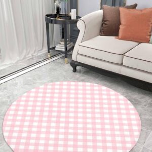 Pink Lattice Fluffy Round Area Rug Carpets 3ft, Plush Shaggy Carpet Soft Circular Rugs, Non-Slip Fuzzy Accent Floor Mat for Living Room Bedroom Nursery Home Decor Farmhouse Buffalo Plaid Checkered