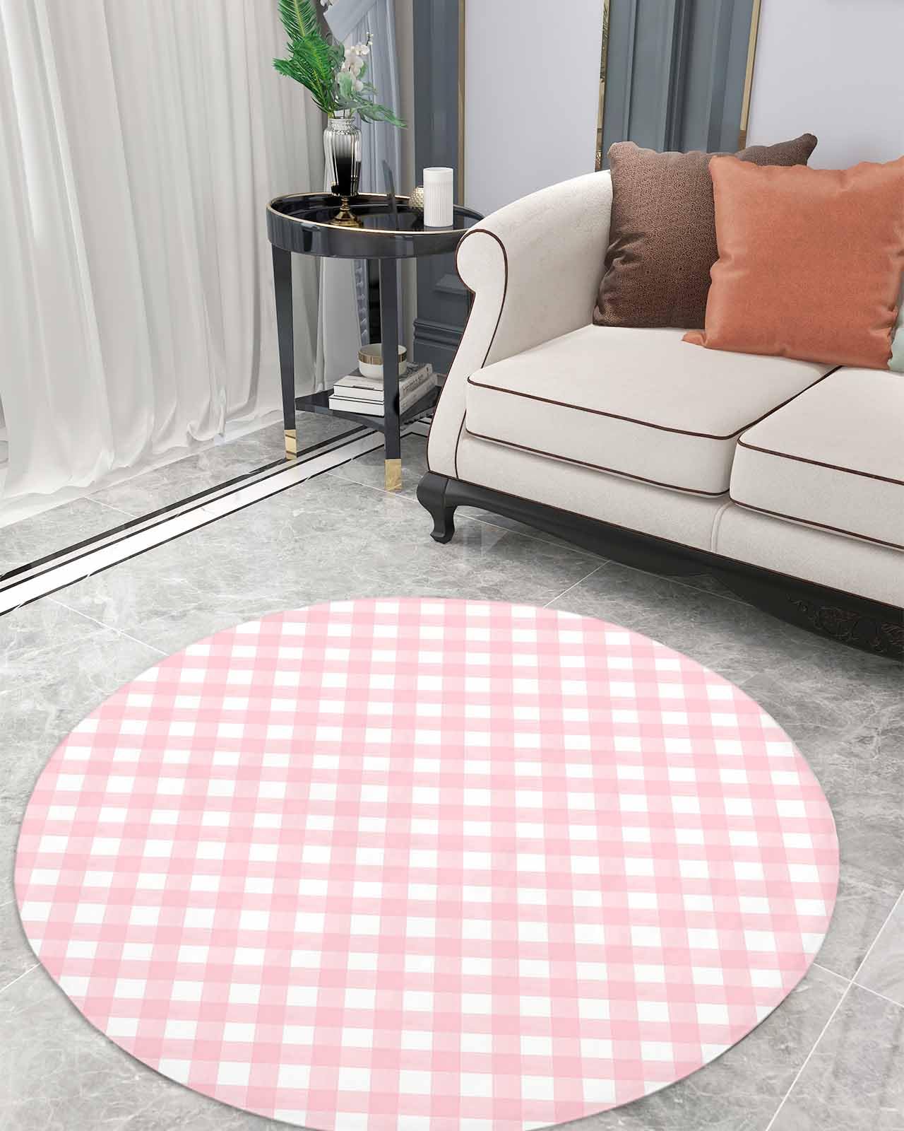 Pink Lattice Fluffy Round Area Rug Carpets 3ft, Plush Shaggy Carpet Soft Circular Rugs, Non-Slip Fuzzy Accent Floor Mat for Living Room Bedroom Nursery Home Decor Farmhouse Buffalo Plaid Checkered