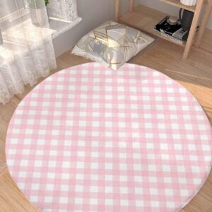 Pink Lattice Fluffy Round Area Rug Carpets 3ft, Plush Shaggy Carpet Soft Circular Rugs, Non-Slip Fuzzy Accent Floor Mat for Living Room Bedroom Nursery Home Decor Farmhouse Buffalo Plaid Checkered