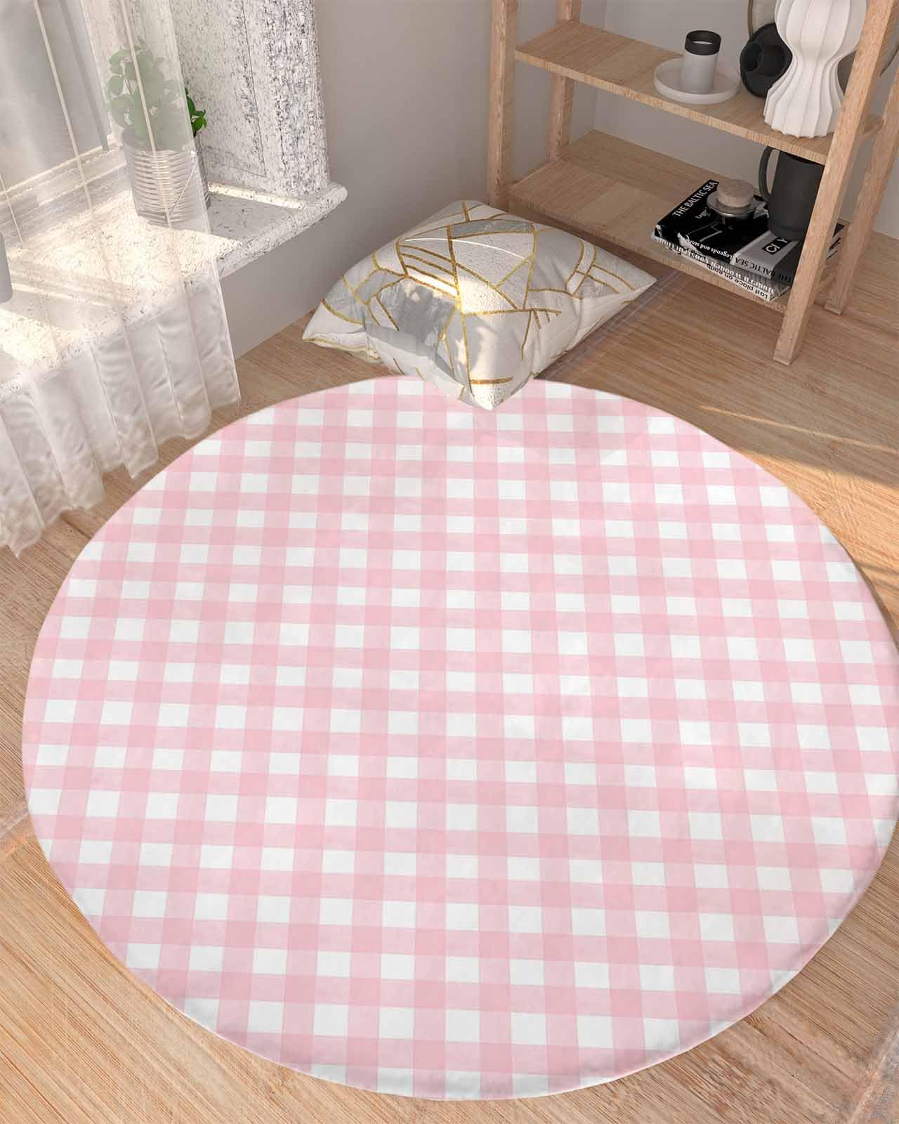 Pink Lattice Fluffy Round Area Rug Carpets 3ft, Plush Shaggy Carpet Soft Circular Rugs, Non-Slip Fuzzy Accent Floor Mat for Living Room Bedroom Nursery Home Decor Farmhouse Buffalo Plaid Checkered