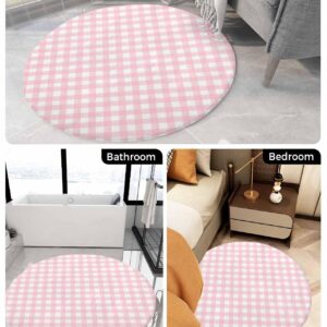 Pink Lattice Fluffy Round Area Rug Carpets 3ft, Plush Shaggy Carpet Soft Circular Rugs, Non-Slip Fuzzy Accent Floor Mat for Living Room Bedroom Nursery Home Decor Farmhouse Buffalo Plaid Checkered