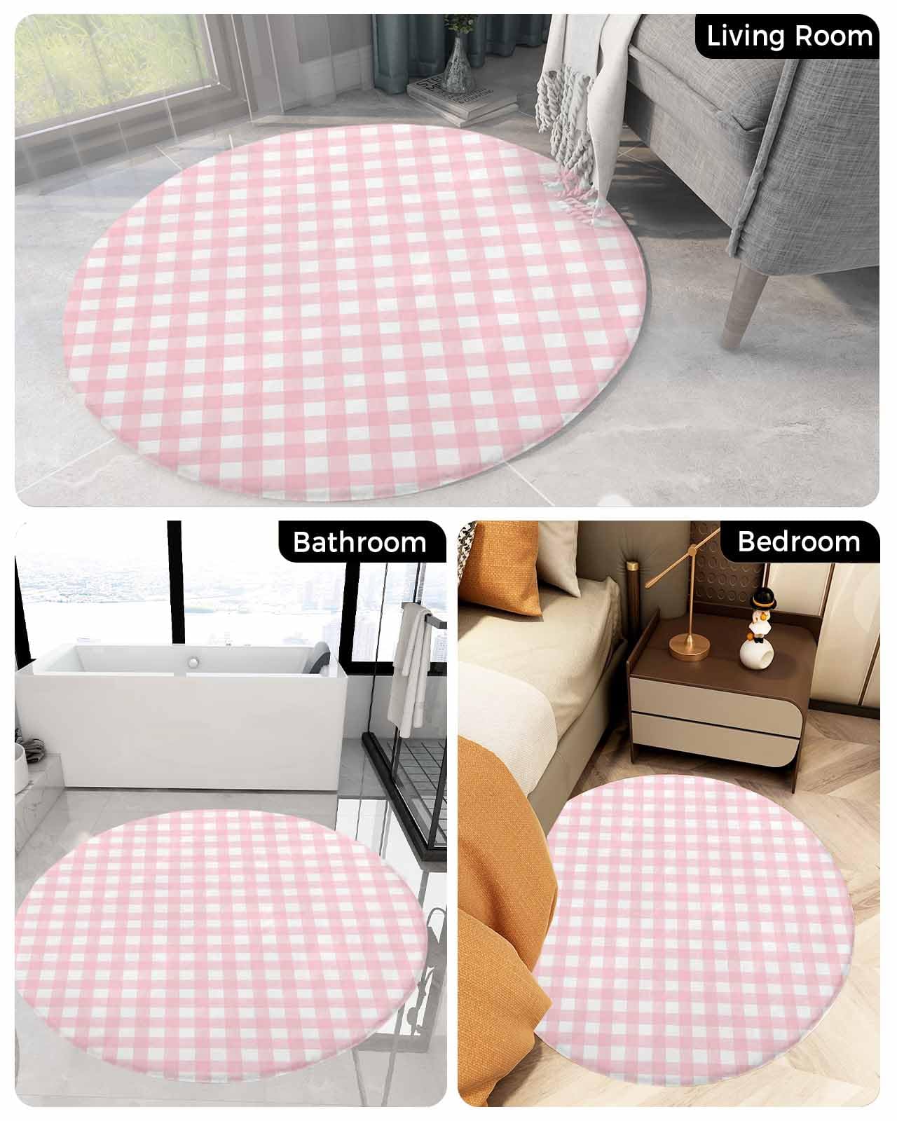 Pink Lattice Fluffy Round Area Rug Carpets 3ft, Plush Shaggy Carpet Soft Circular Rugs, Non-Slip Fuzzy Accent Floor Mat for Living Room Bedroom Nursery Home Decor Farmhouse Buffalo Plaid Checkered