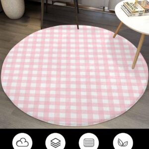 Pink Lattice Fluffy Round Area Rug Carpets 3ft, Plush Shaggy Carpet Soft Circular Rugs, Non-Slip Fuzzy Accent Floor Mat for Living Room Bedroom Nursery Home Decor Farmhouse Buffalo Plaid Checkered