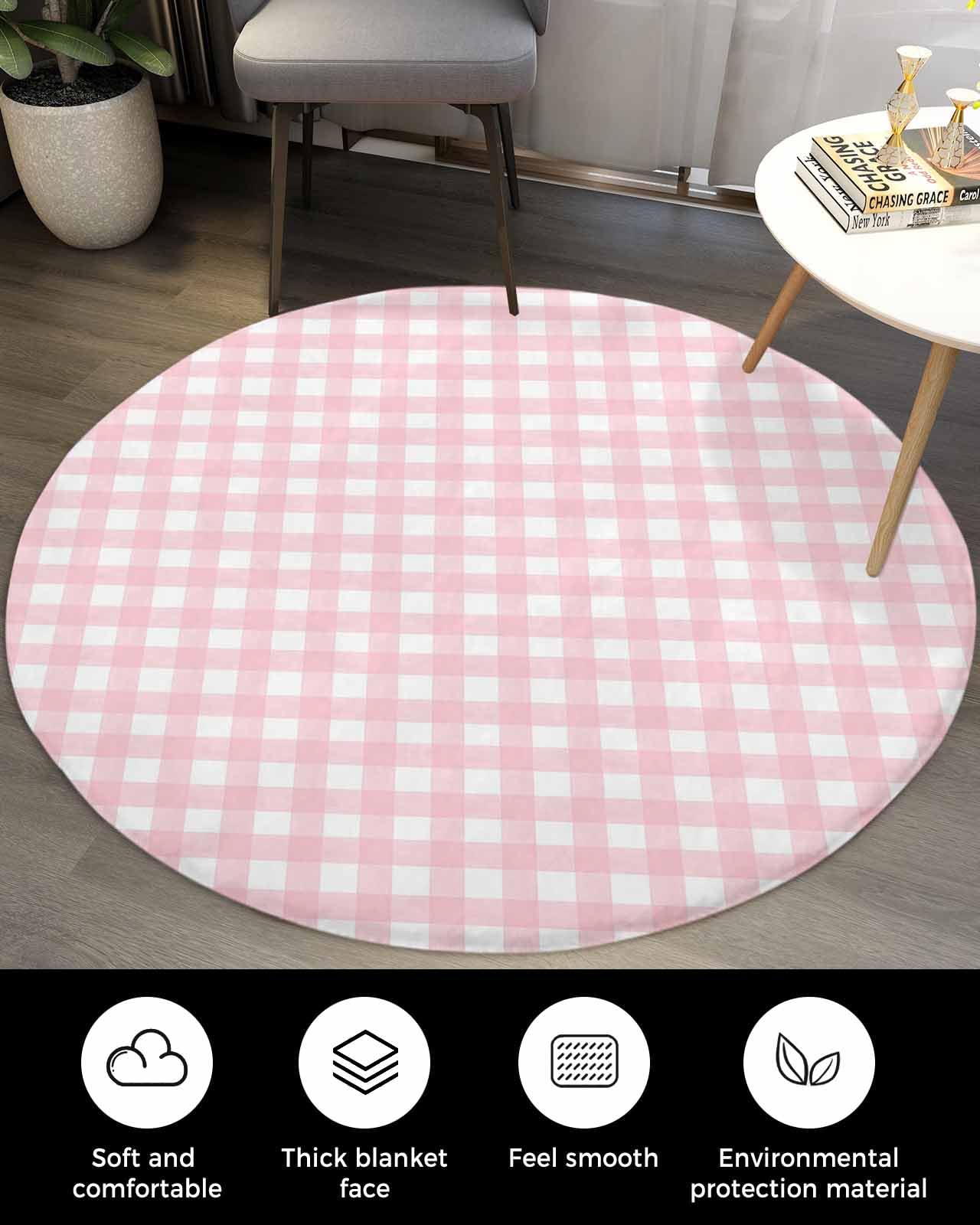 Pink Lattice Fluffy Round Area Rug Carpets 3ft, Plush Shaggy Carpet Soft Circular Rugs, Non-Slip Fuzzy Accent Floor Mat for Living Room Bedroom Nursery Home Decor Farmhouse Buffalo Plaid Checkered