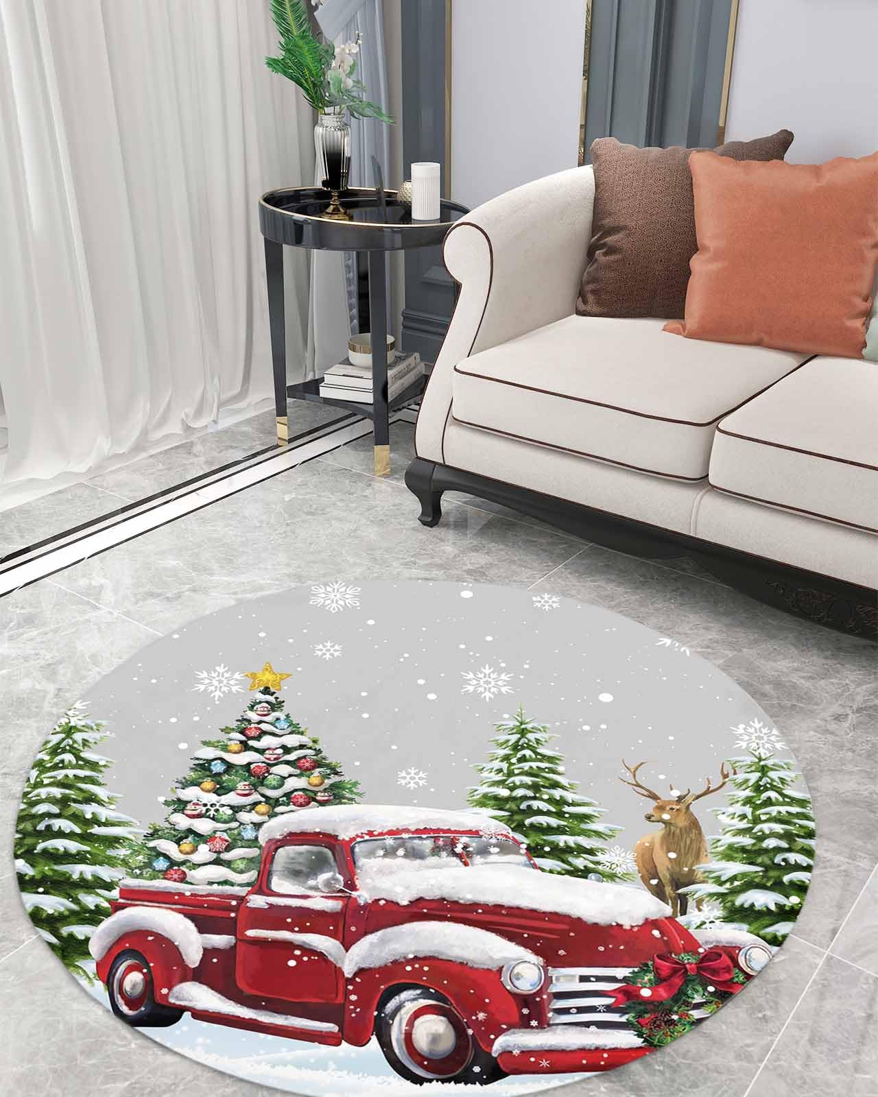 Christmas Fluffy Round Area Rug Carpets 3ft, Plush Shaggy Carpet Soft Circular Rugs, Non-Slip Fuzzy Accent Floor Mat for Living Room Bedroom Nursery Decor Snowy Red Truck Forest Winter Elk Tree Grey