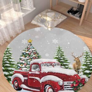 Christmas Fluffy Round Area Rug Carpets 3ft, Plush Shaggy Carpet Soft Circular Rugs, Non-Slip Fuzzy Accent Floor Mat for Living Room Bedroom Nursery Decor Snowy Red Truck Forest Winter Elk Tree Grey