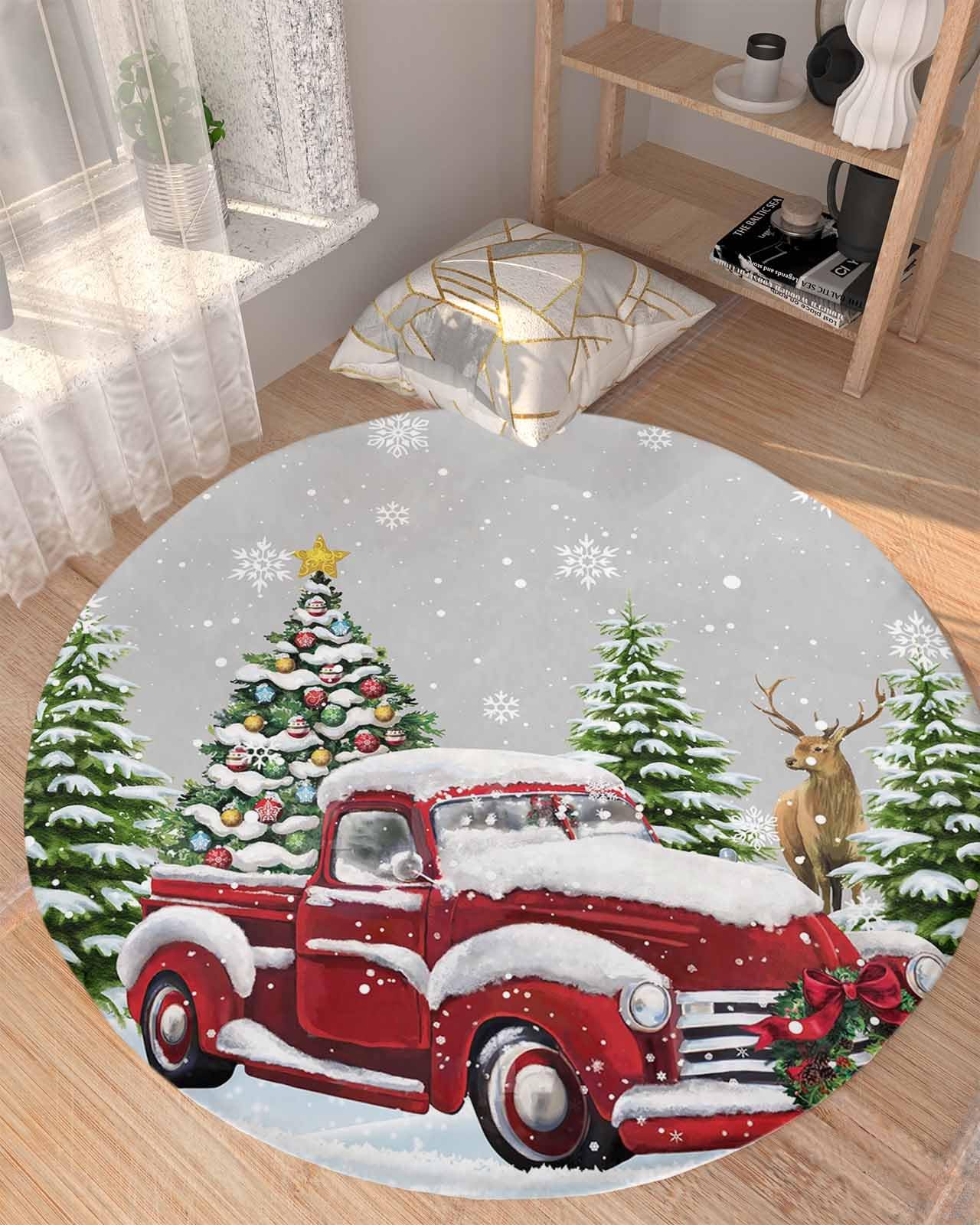 Christmas Fluffy Round Area Rug Carpets 3ft, Plush Shaggy Carpet Soft Circular Rugs, Non-Slip Fuzzy Accent Floor Mat for Living Room Bedroom Nursery Decor Snowy Red Truck Forest Winter Elk Tree Grey