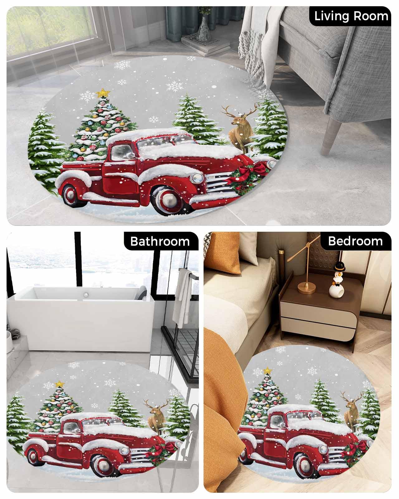 Christmas Fluffy Round Area Rug Carpets 3ft, Plush Shaggy Carpet Soft Circular Rugs, Non-Slip Fuzzy Accent Floor Mat for Living Room Bedroom Nursery Decor Snowy Red Truck Forest Winter Elk Tree Grey