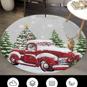 Christmas Fluffy Round Area Rug Carpets 3ft, Plush Shaggy Carpet Soft Circular Rugs, Non-Slip Fuzzy Accent Floor Mat for Living Room Bedroom Nursery Decor Snowy Red Truck Forest Winter Elk Tree Grey