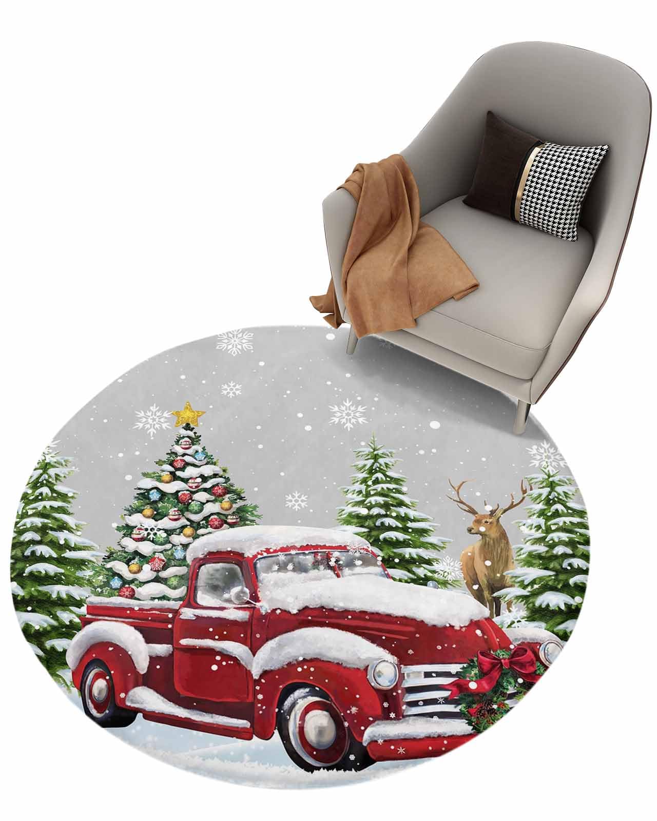 Christmas Fluffy Round Area Rug Carpets 3ft, Plush Shaggy Carpet Soft Circular Rugs, Non-Slip Fuzzy Accent Floor Mat for Living Room Bedroom Nursery Decor Snowy Red Truck Forest Winter Elk Tree Grey