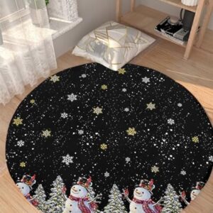 Christmas Black Fluffy Round Area Rug Carpets 3ft, Plush Shaggy Carpet Soft Circular Rugs, Non-Slip Fuzzy Accent Floor Mat for Living Room Bedroom Nursery Home Decor Snowman Gold Snowflake Xmas Tree