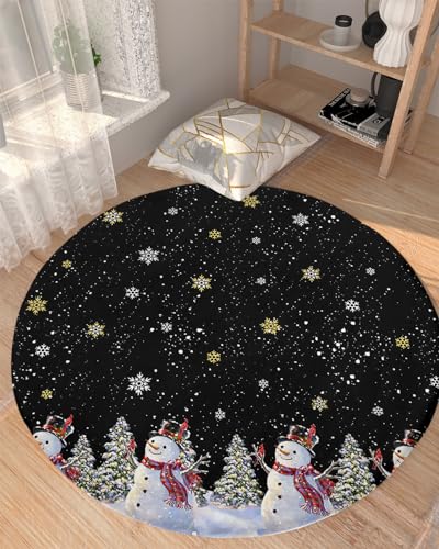 Christmas Black Fluffy Round Area Rug Carpets 3ft, Plush Shaggy Carpet Soft Circular Rugs, Non-Slip Fuzzy Accent Floor Mat for Living Room Bedroom Nursery Home Decor Snowman Gold Snowflake Xmas Tree