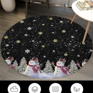 Christmas Black Fluffy Round Area Rug Carpets 3ft, Plush Shaggy Carpet Soft Circular Rugs, Non-Slip Fuzzy Accent Floor Mat for Living Room Bedroom Nursery Home Decor Snowman Gold Snowflake Xmas Tree