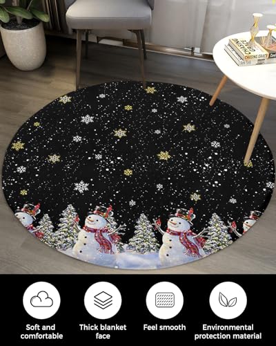 Christmas Black Fluffy Round Area Rug Carpets 3ft, Plush Shaggy Carpet Soft Circular Rugs, Non-Slip Fuzzy Accent Floor Mat for Living Room Bedroom Nursery Home Decor Snowman Gold Snowflake Xmas Tree