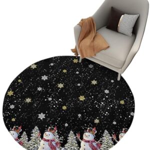 Christmas Black Fluffy Round Area Rug Carpets 3ft, Plush Shaggy Carpet Soft Circular Rugs, Non-Slip Fuzzy Accent Floor Mat for Living Room Bedroom Nursery Home Decor Snowman Gold Snowflake Xmas Tree