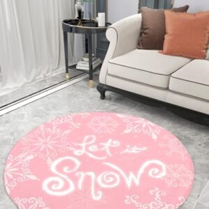 Pink Snowflake Fluffy Round Area Rug Carpets 3.3ft, Plush Shaggy Carpet Soft Circular Rugs, Non-Slip Fuzzy Accent Floor Mat for Living Room Bedroom Nursery Decor Merry Christmas Fantasy Winter Holiday