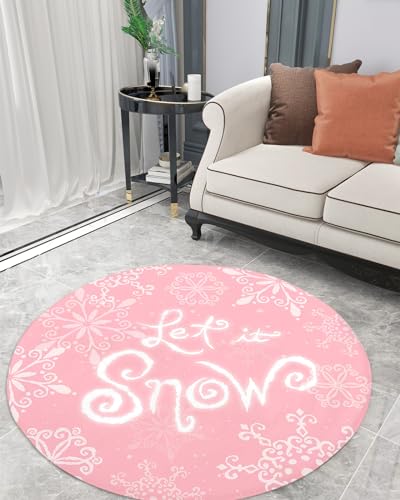 Pink Snowflake Fluffy Round Area Rug Carpets 3.3ft, Plush Shaggy Carpet Soft Circular Rugs, Non-Slip Fuzzy Accent Floor Mat for Living Room Bedroom Nursery Decor Merry Christmas Fantasy Winter Holiday