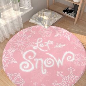 Pink Snowflake Fluffy Round Area Rug Carpets 3.3ft, Plush Shaggy Carpet Soft Circular Rugs, Non-Slip Fuzzy Accent Floor Mat for Living Room Bedroom Nursery Decor Merry Christmas Fantasy Winter Holiday