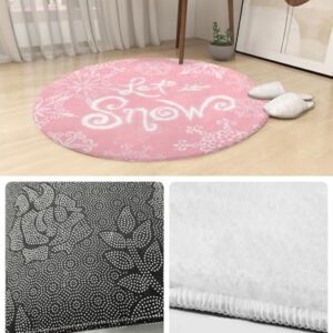 Pink Snowflake Fluffy Round Area Rug Carpets 3.3ft, Plush Shaggy Carpet Soft Circular Rugs, Non-Slip Fuzzy Accent Floor Mat for Living Room Bedroom Nursery Decor Merry Christmas Fantasy Winter Holiday