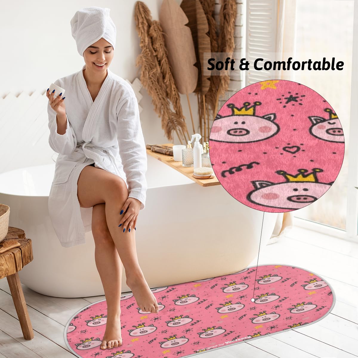 Tavisto Pinky Pig Fluffy Oval Shaggy Rugs for Bedroom Aesthetic Plush Floor Mat - Soft and Absorbent - Ideal for Living Room,Home Decor, and Playrooms