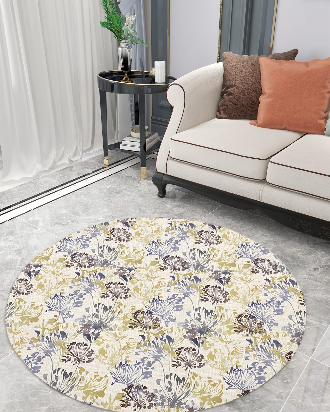 Country Rustic Flower Fluffy Round Area Rug Carpets 5ft, Plush Shaggy Carpet Soft Circular Rugs, Non-Slip Fuzzy Accent Floor Mat for Living Room Bedroom Nursery Home Decor Botanical Plant Farm Herb