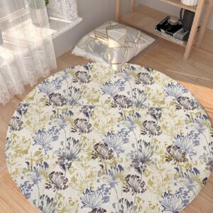 Country Rustic Flower Fluffy Round Area Rug Carpets 5ft, Plush Shaggy Carpet Soft Circular Rugs, Non-Slip Fuzzy Accent Floor Mat for Living Room Bedroom Nursery Home Decor Botanical Plant Farm Herb