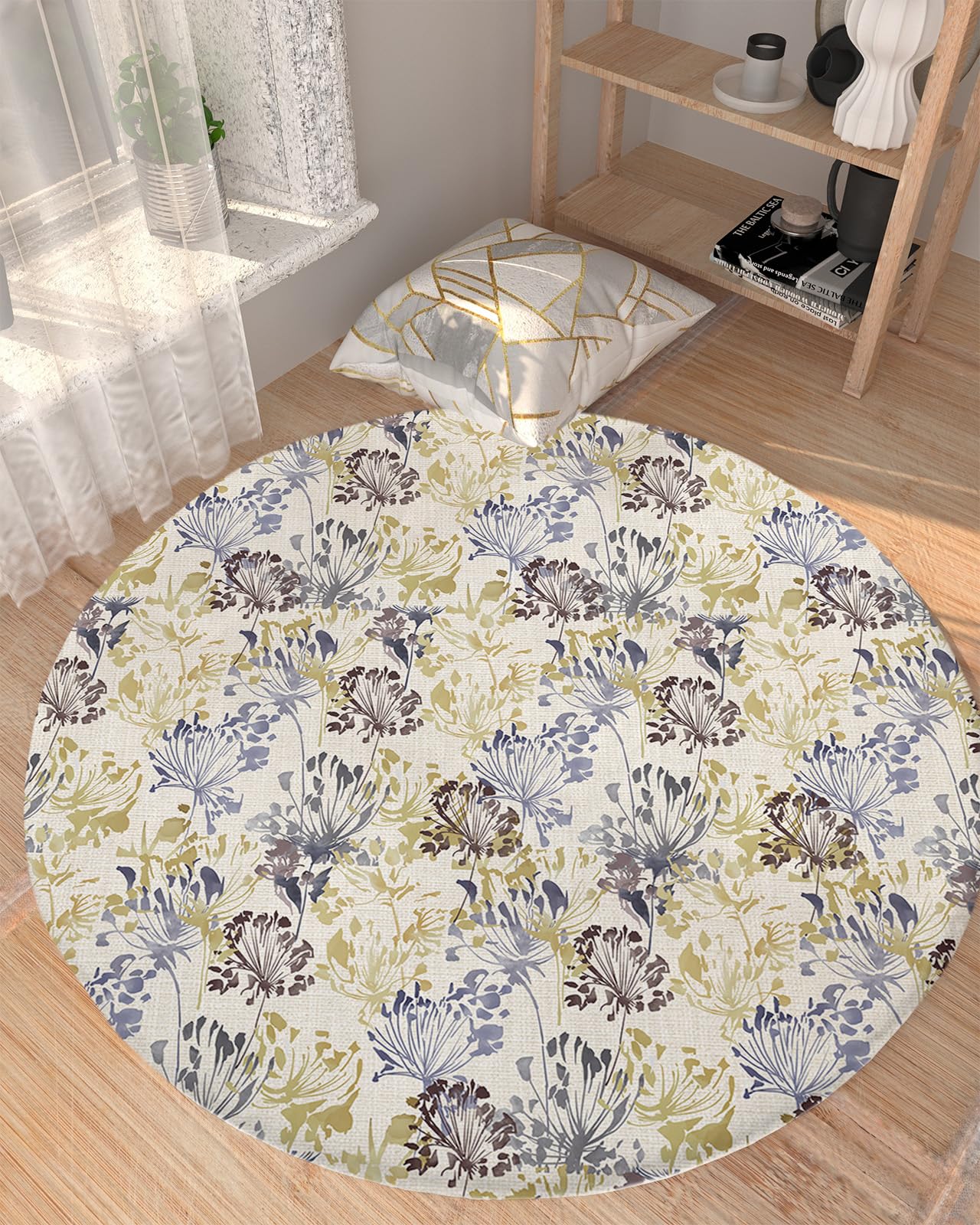 Country Rustic Flower Fluffy Round Area Rug Carpets 5ft, Plush Shaggy Carpet Soft Circular Rugs, Non-Slip Fuzzy Accent Floor Mat for Living Room Bedroom Nursery Home Decor Botanical Plant Farm Herb