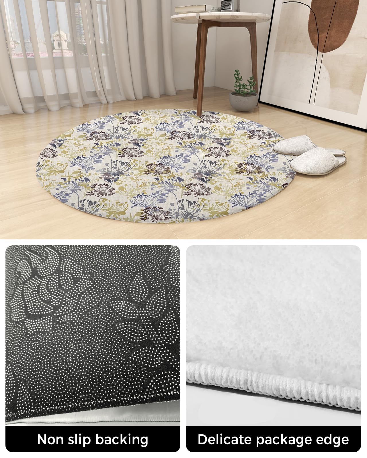 Country Rustic Flower Fluffy Round Area Rug Carpets 5ft, Plush Shaggy Carpet Soft Circular Rugs, Non-Slip Fuzzy Accent Floor Mat for Living Room Bedroom Nursery Home Decor Botanical Plant Farm Herb