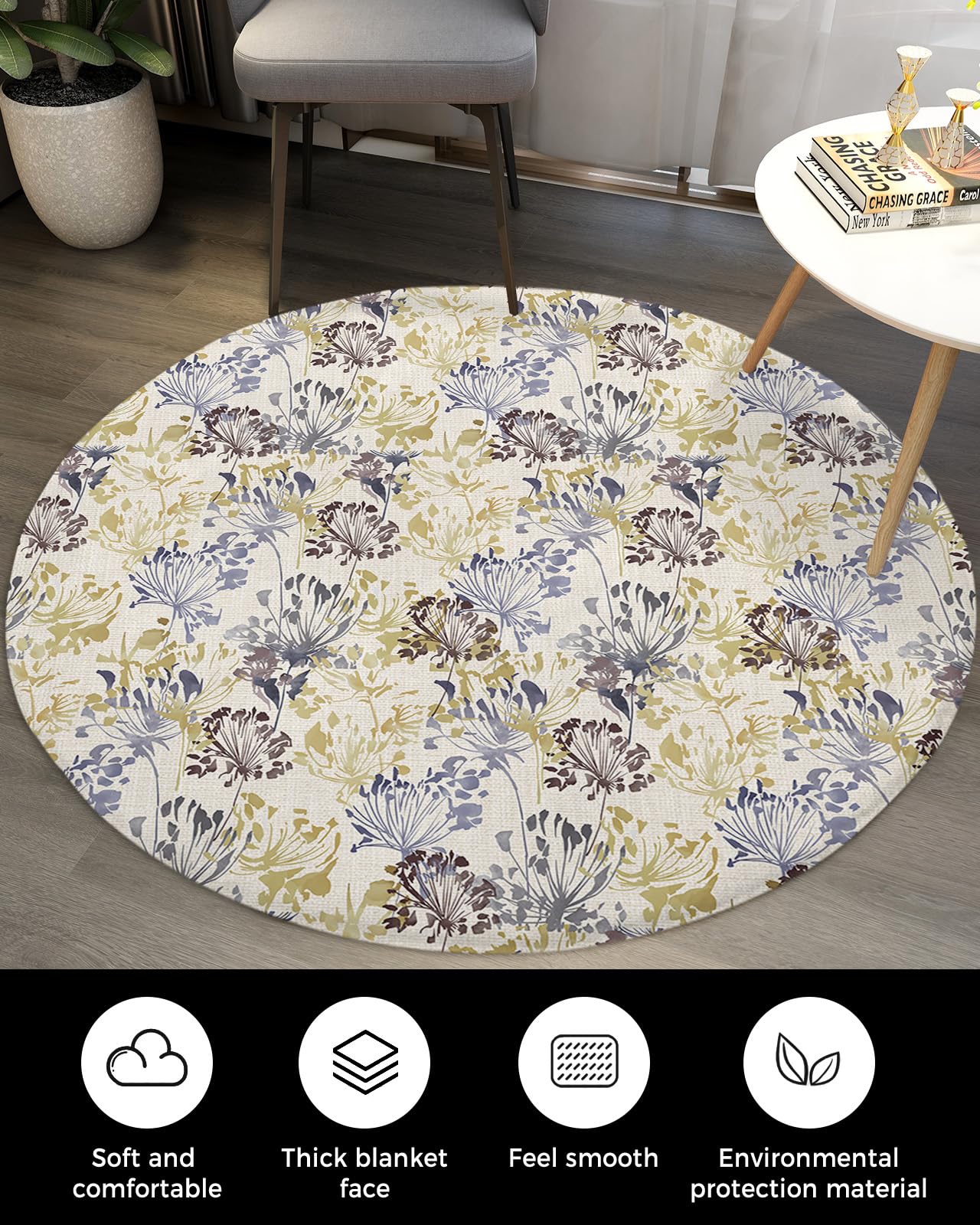 Country Rustic Flower Fluffy Round Area Rug Carpets 5ft, Plush Shaggy Carpet Soft Circular Rugs, Non-Slip Fuzzy Accent Floor Mat for Living Room Bedroom Nursery Home Decor Botanical Plant Farm Herb