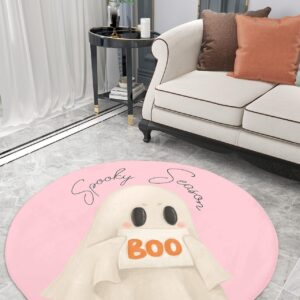 Halloween Fluffy Round Area Rug Carpets 3ft, Plush Shaggy Carpet Soft Circular Rugs, Non-Slip Fuzzy Accent Floor Mat for Living Room Bedroom Nursery Home Decor Blush Pink Cute Ghost Watercolor