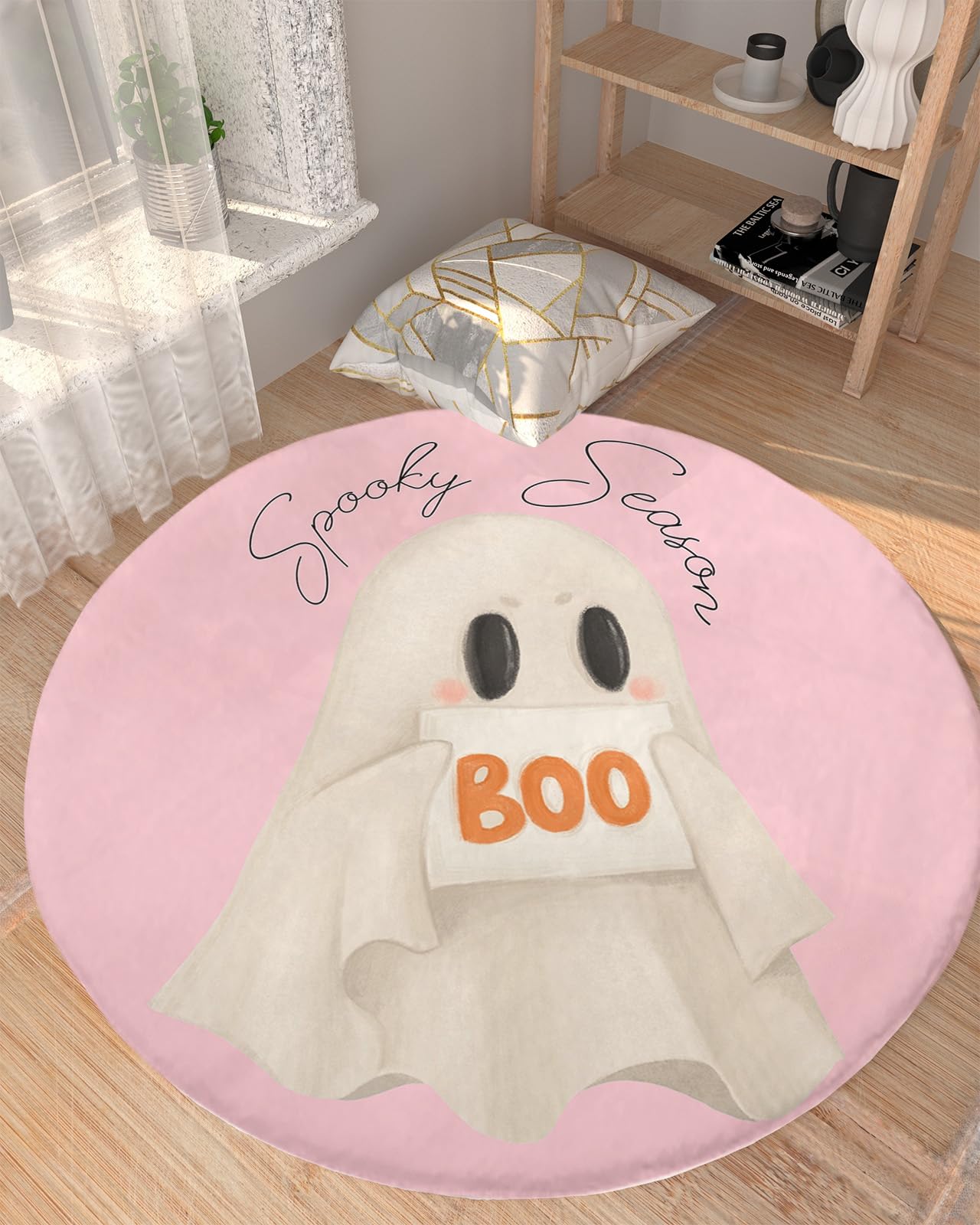 Halloween Fluffy Round Area Rug Carpets 3ft, Plush Shaggy Carpet Soft Circular Rugs, Non-Slip Fuzzy Accent Floor Mat for Living Room Bedroom Nursery Home Decor Blush Pink Cute Ghost Watercolor