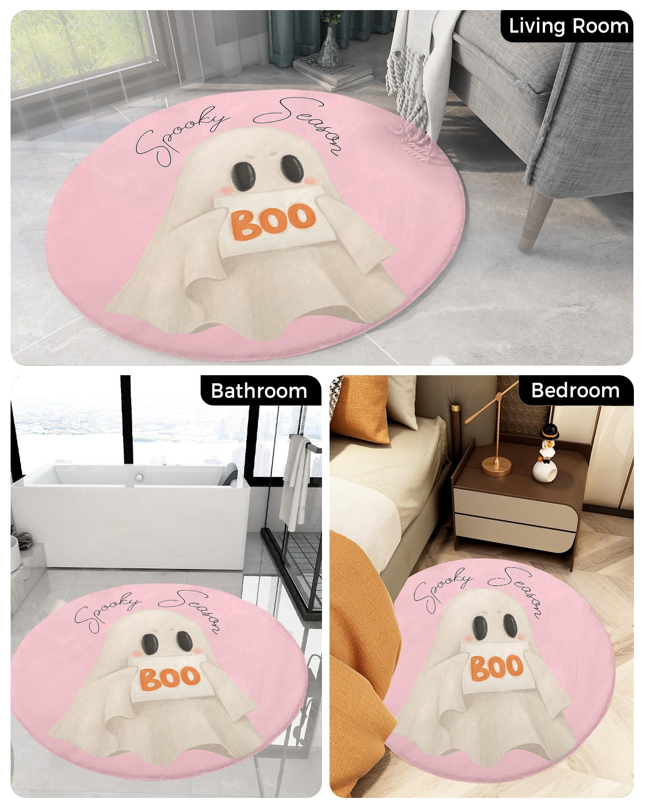 Halloween Fluffy Round Area Rug Carpets 3ft, Plush Shaggy Carpet Soft Circular Rugs, Non-Slip Fuzzy Accent Floor Mat for Living Room Bedroom Nursery Home Decor Blush Pink Cute Ghost Watercolor