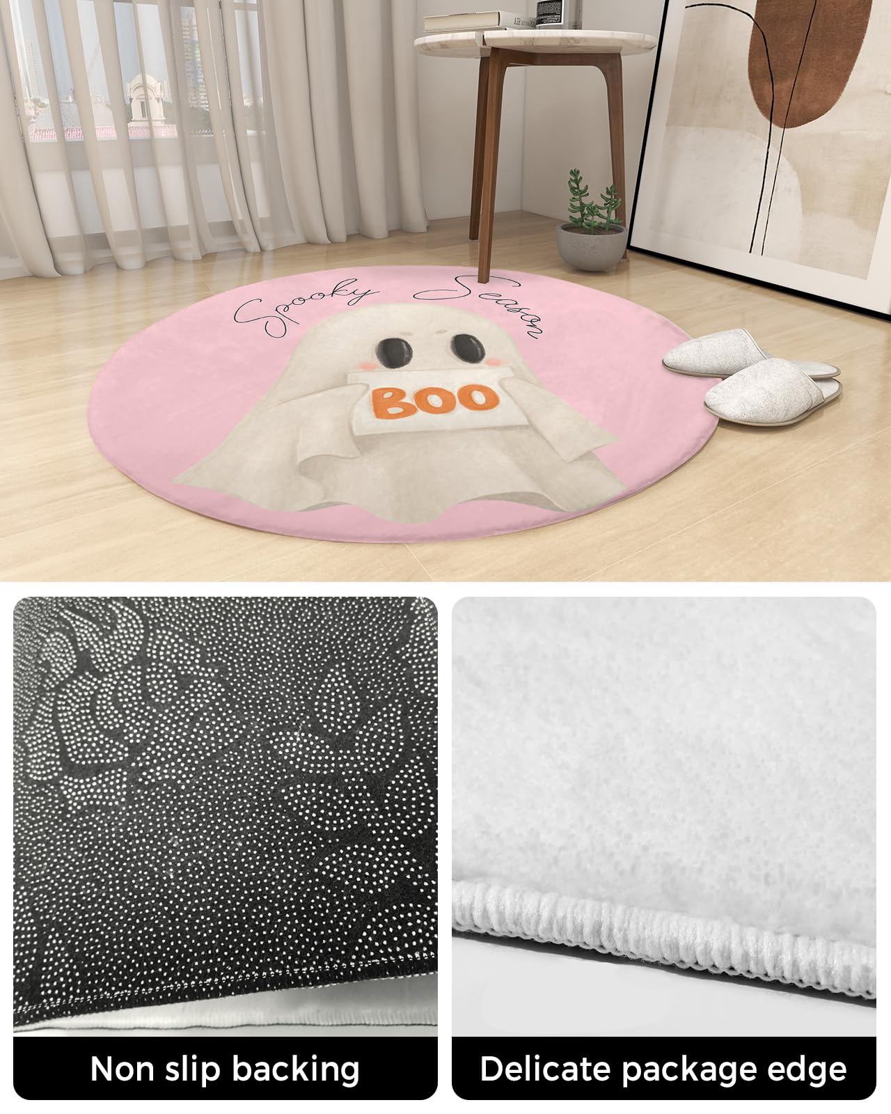 Halloween Fluffy Round Area Rug Carpets 3ft, Plush Shaggy Carpet Soft Circular Rugs, Non-Slip Fuzzy Accent Floor Mat for Living Room Bedroom Nursery Home Decor Blush Pink Cute Ghost Watercolor