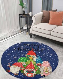 winter gnomes fluffy round area rug carpets 3ft, plush shaggy carpet soft circular rugs, non-slip fuzzy accent floor mat for living room bedroom nursery home decor christmas snowflake flower navy blue