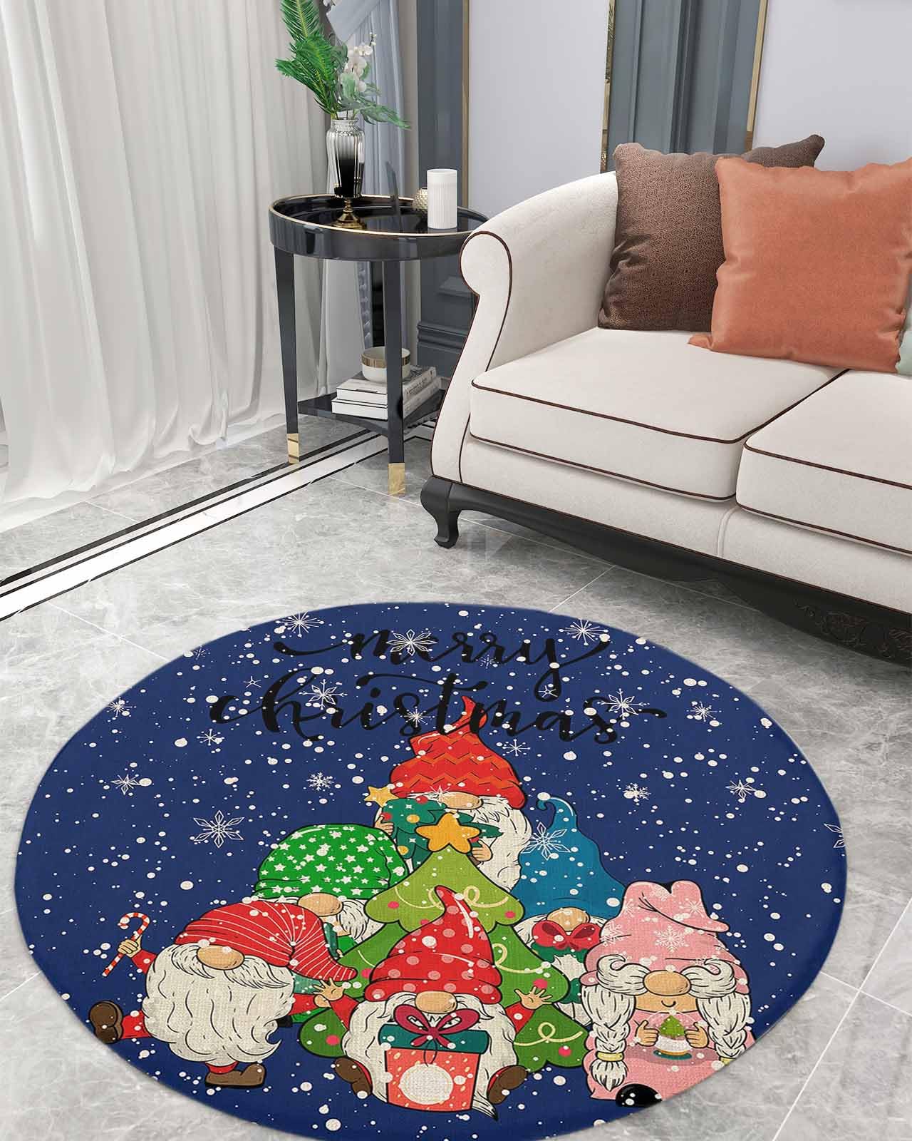 Winter Gnomes Fluffy Round Area Rug Carpets 3ft, Plush Shaggy Carpet Soft Circular Rugs, Non-Slip Fuzzy Accent Floor Mat for Living Room Bedroom Nursery Home Decor Christmas Snowflake Flower Navy Blue