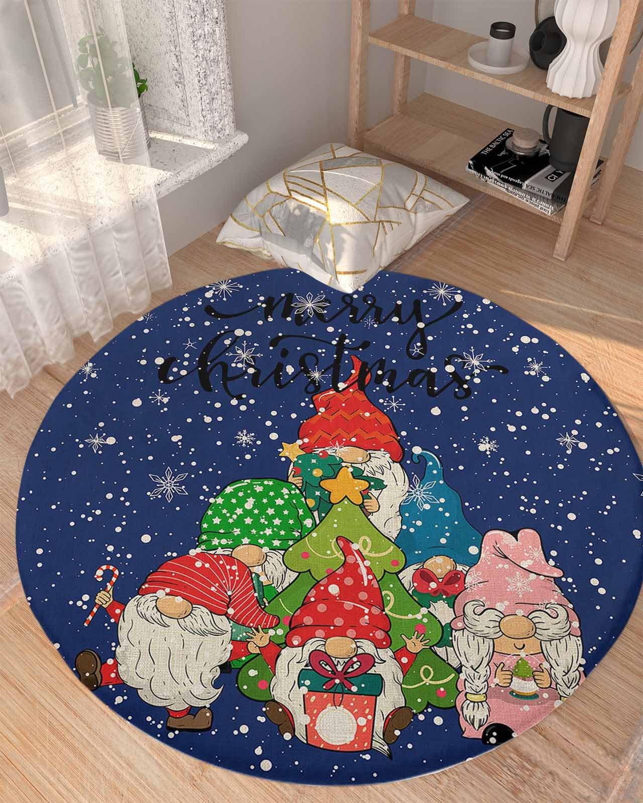 Winter Gnomes Fluffy Round Area Rug Carpets 3ft, Plush Shaggy Carpet Soft Circular Rugs, Non-Slip Fuzzy Accent Floor Mat for Living Room Bedroom Nursery Home Decor Christmas Snowflake Flower Navy Blue