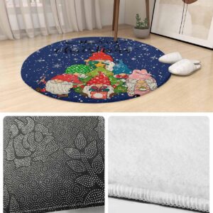Winter Gnomes Fluffy Round Area Rug Carpets 3ft, Plush Shaggy Carpet Soft Circular Rugs, Non-Slip Fuzzy Accent Floor Mat for Living Room Bedroom Nursery Home Decor Christmas Snowflake Flower Navy Blue