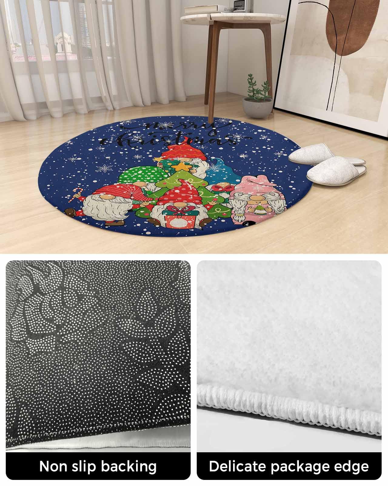 Winter Gnomes Fluffy Round Area Rug Carpets 3ft, Plush Shaggy Carpet Soft Circular Rugs, Non-Slip Fuzzy Accent Floor Mat for Living Room Bedroom Nursery Home Decor Christmas Snowflake Flower Navy Blue