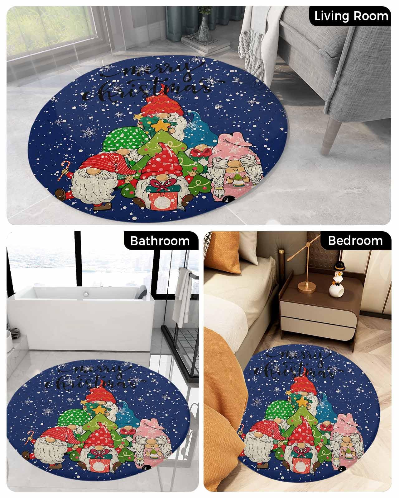 Winter Gnomes Fluffy Round Area Rug Carpets 3ft, Plush Shaggy Carpet Soft Circular Rugs, Non-Slip Fuzzy Accent Floor Mat for Living Room Bedroom Nursery Home Decor Christmas Snowflake Flower Navy Blue