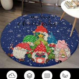 Winter Gnomes Fluffy Round Area Rug Carpets 3ft, Plush Shaggy Carpet Soft Circular Rugs, Non-Slip Fuzzy Accent Floor Mat for Living Room Bedroom Nursery Home Decor Christmas Snowflake Flower Navy Blue