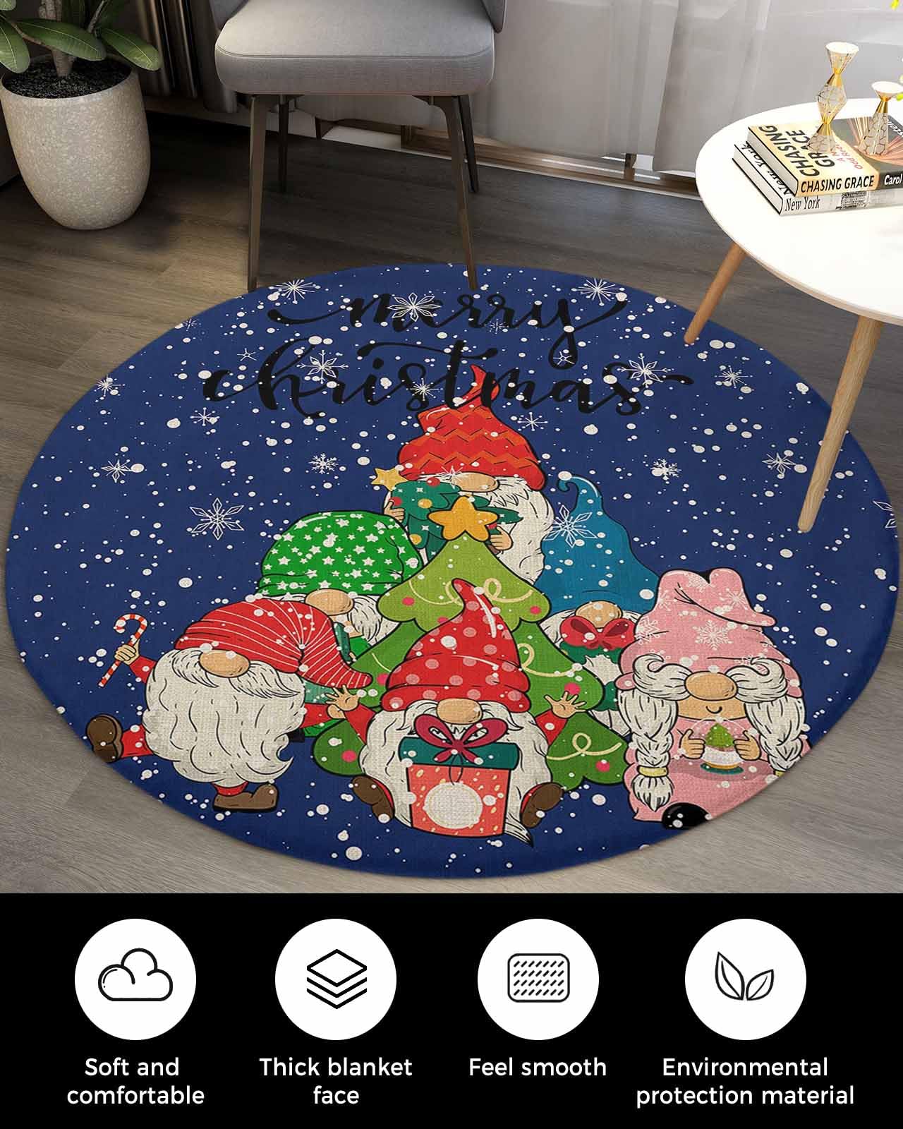 Winter Gnomes Fluffy Round Area Rug Carpets 3ft, Plush Shaggy Carpet Soft Circular Rugs, Non-Slip Fuzzy Accent Floor Mat for Living Room Bedroom Nursery Home Decor Christmas Snowflake Flower Navy Blue