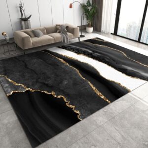 area rugs 3x5ft, black white marble texture living room decor carpet, gold stripe light luxury coffee table rug, fluffy soft washable breathable durable for hotel home decor entrance hall patio