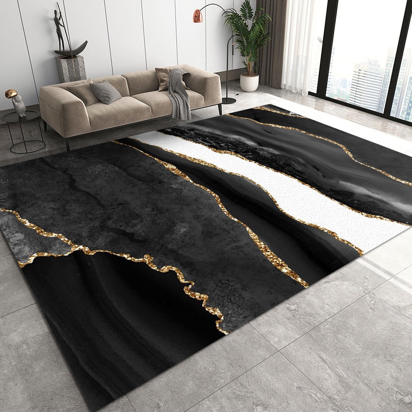 Area Rugs 3x5ft, Black White Marble Texture Living Room Decor Carpet, Gold Stripe Light Luxury Coffee Table Rug, Fluffy Soft Washable Breathable Durable for Hotel Home Decor Entrance Hall Patio